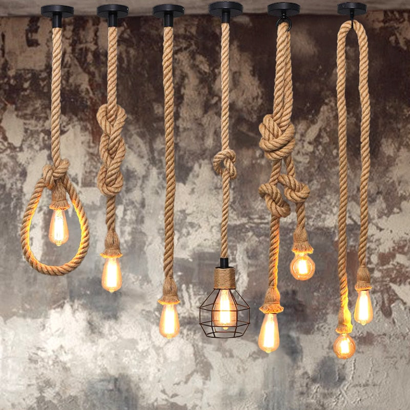 Hemp rope chandelier retro industrial style - Warmly Lights