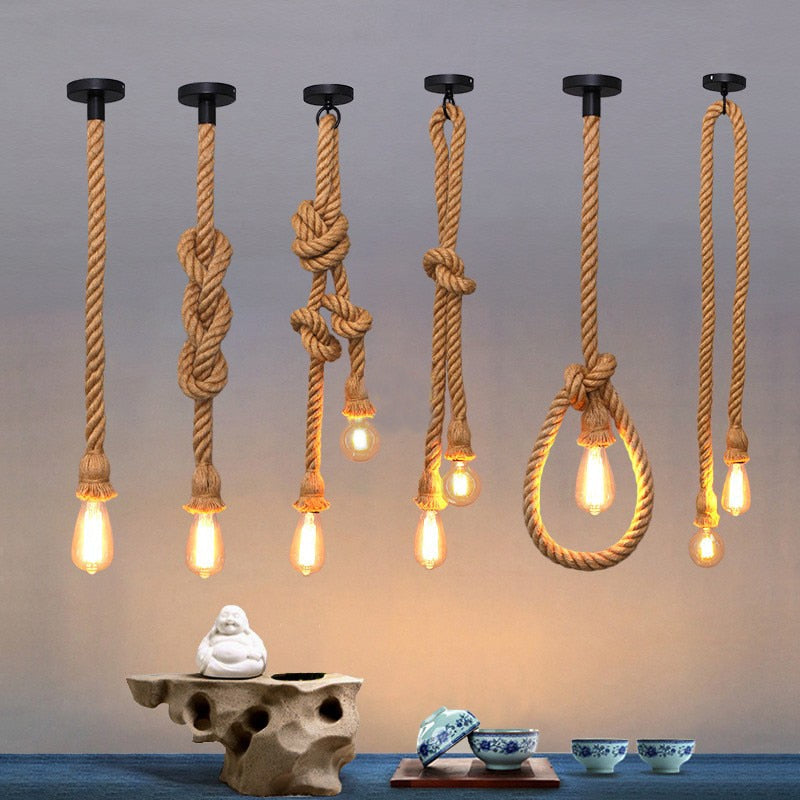Hemp rope chandelier retro industrial style - Warmly Lights