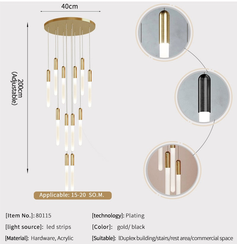 YLK Stick - LED Chandelier For Staircase Gold/Black Long Modern Luxury lamp - Warmly Lights