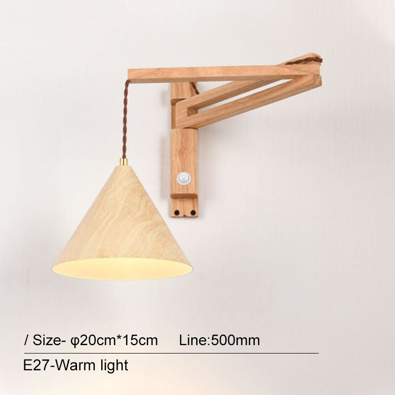 BTM  Bright - Wooden Base Swing Iron Lampshade Reading Wall Sconce - Warmly Lights