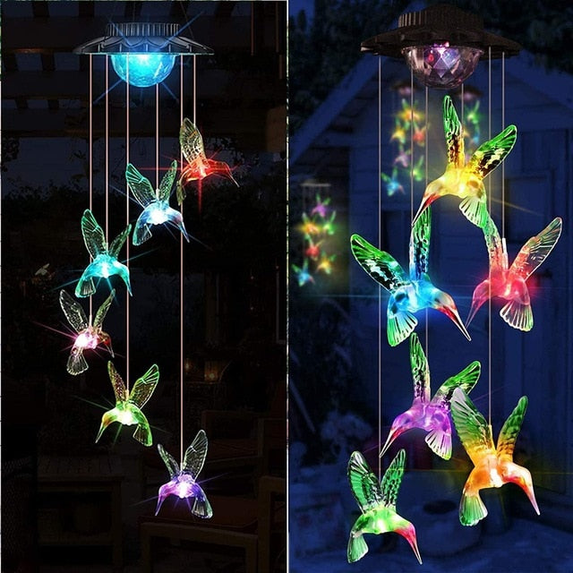 Solar Wind Chimes Lights LED Color Changing Hanging Hummingbird Ball Garden  Lamp